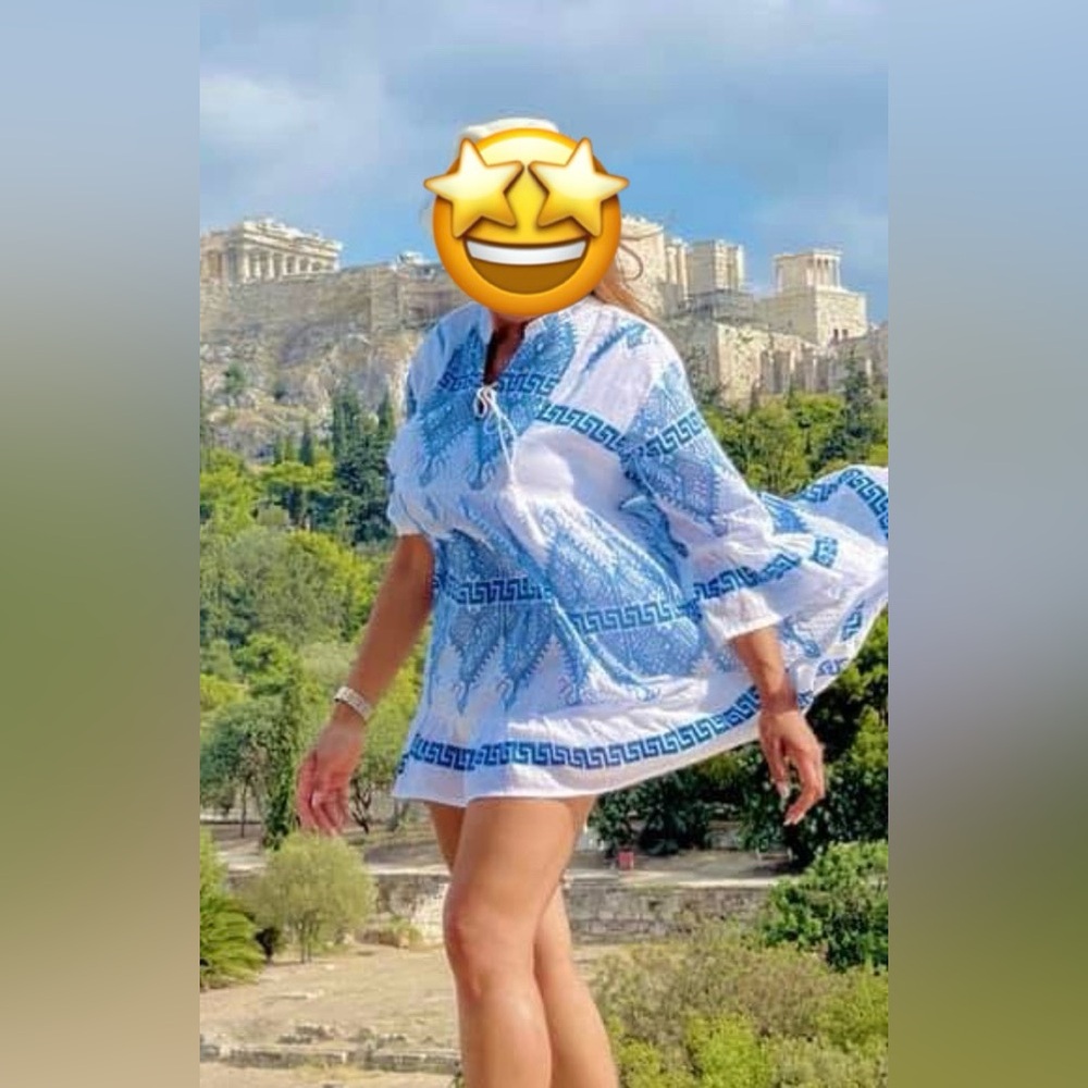 Dhaka Palladio Flared Sleeve White and Blue Medium Large Tunic Shirt Dress Top 1